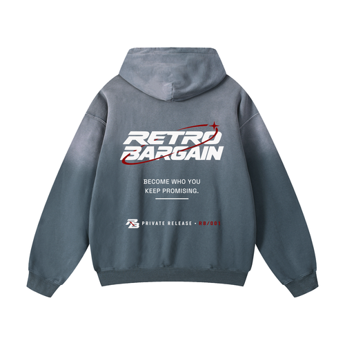 BECOME WHO YOU KEEP PROMISING - washed slate grey oversized hoodie, RetroBargain RB 001